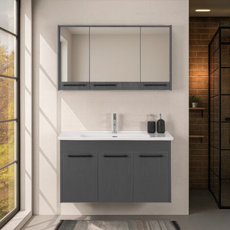 Mobile bagno sospeso 100 cm grigio effetto legno con armadietto a specchio Sofia (1/5)