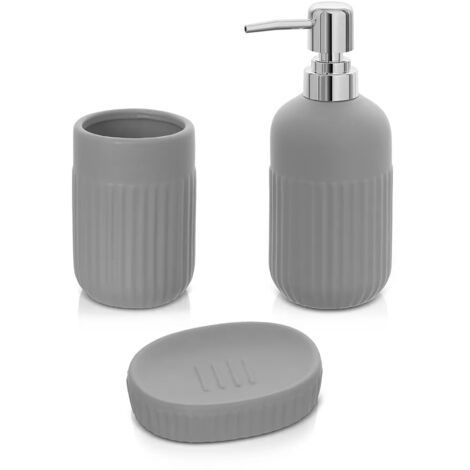 Accessori bagno da appoggio in set 3 pezzi in ceramica colore grigio Cup (1/5)