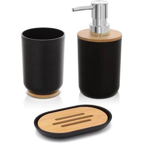 Accessori bagno da appoggio in set 3 pezzi in abs nero e bambù Surf (1/5)