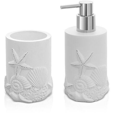 Set bagno con dispenser sapone e portaspazzolino da appoggio in resina  bianco Coral
