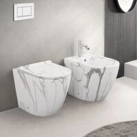 Sanitari filomuro Rimless effetto marmo bianco con sedile Tokyo