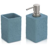 Set accessori bagno dispenser e portaspazzolini in resina turchese cobalto effetto pietra