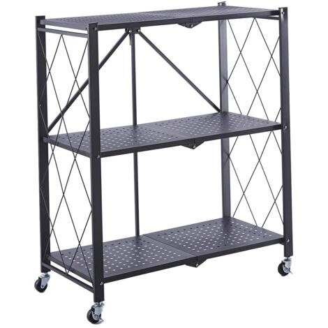Étagère de rangement pliante 3 niveaux – Acier noir 71,5x36x84 cm – Charge lourde 120 kg – Roues avec blocage intelligent – Catter House