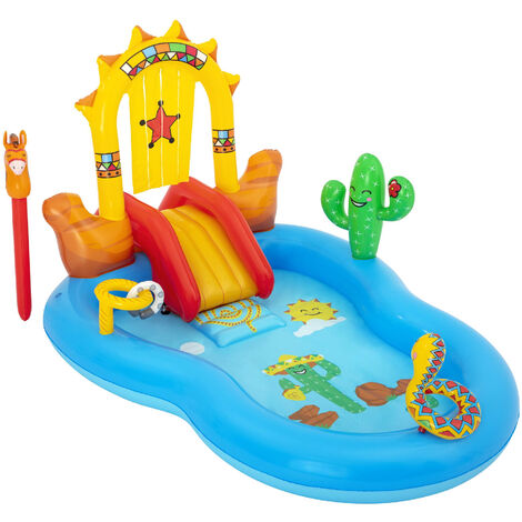 Bestway – Piscine gonflable aire de jeux 264x188x140 cm – Toboggan amovible – Bouée de sauvetage et cheval gonflable inclus – PVC haute qualité