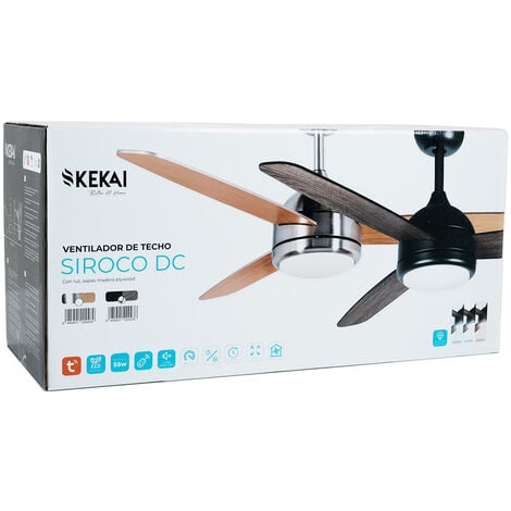 Ventilateur Plafond Kekai Siroco Plata DC 132x40cm 55W Argent avec Pales en Bois, Lumière Réglable, Minuterie, Application Smart