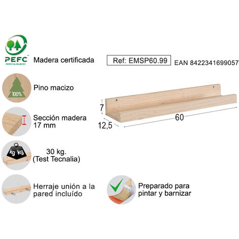 Estante para especias de madera de pino 60cm