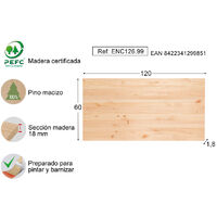 Tablero ASTIGARRAGA de madera maciza de pino para escritorio (120x60cm), 1,8 cm grosor