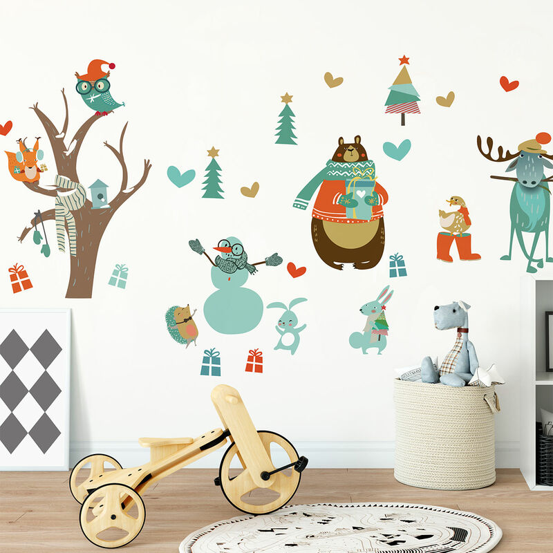Sticker Noël l'arbre magique des animaux des bois - Autocollants stickers  adhésifs noël - décoration fêtes - 60x90cm
