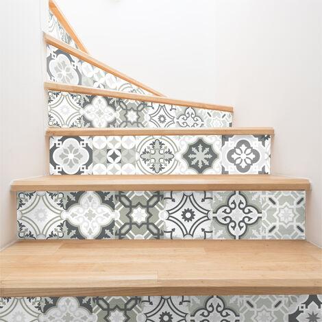 Stickers adhésifs escalier carrelages contremarche - NUANCES DE VERT GRIS OSLO - 2debandes20x140cm