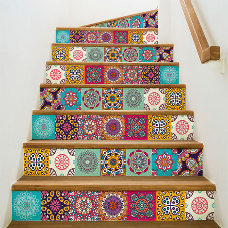 Stickers adhésifs escalier carrelages contremarche - ROSES MULTICOLORE - 2 bandes de 19x133cm (1/3)