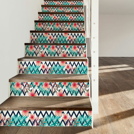 Stickers adhésifs escalier carrelages contremarche - TROPICAL KAHAIA - 2 bandes de 19x133cm (1/3)
