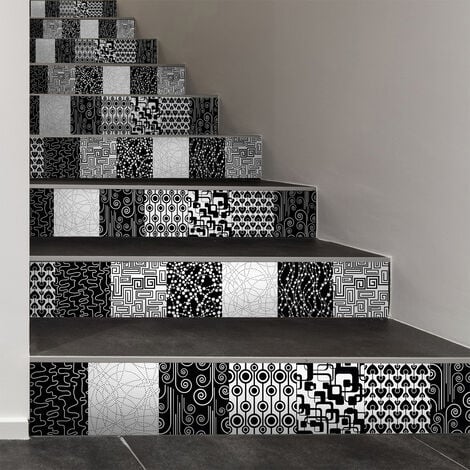 Kit de 6 stickers contremarche d'escalier motifs noir et blanc