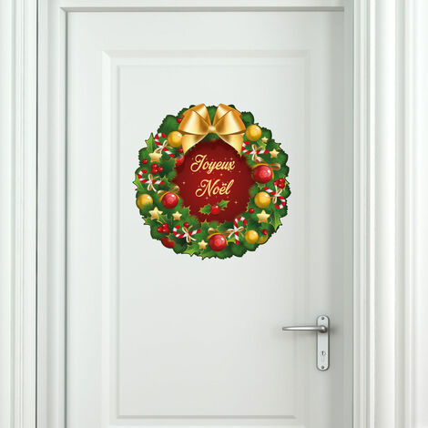 Sticker Noël la couronne Joyeux Noël - Autocollants stickers adhésifs noël - décoration fêtes - 90x90cm (1/5)