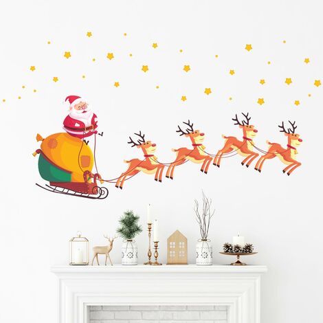 Sticker Noël le père noël, rennes et les étoiles magiques - Autocollants stickers adhésifs noël - décoration fêtes - 60x90cm (1/5)