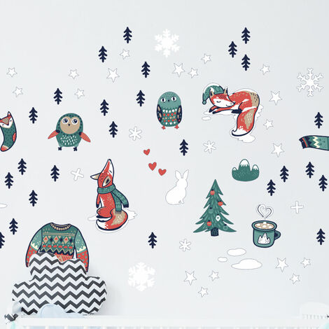 Stickers Noël renards hivernales - Autocollants stickers adhésifs noël - décoration fêtes - 80x100cm (1/5)