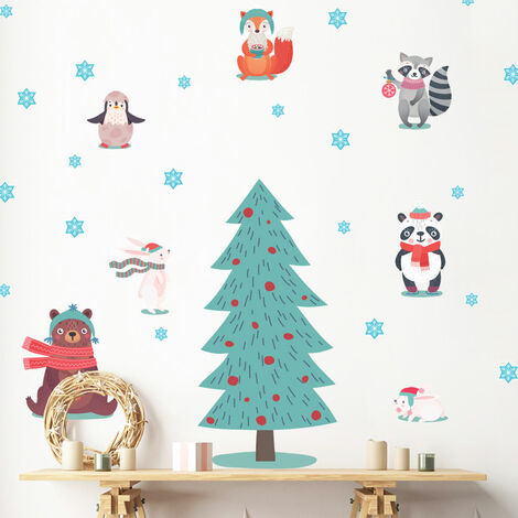 Stickers Noël animaux scandinaves sous la neige - Autocollants stickers adhésifs noël - décoration fêtes - 75x50cm (1/5)