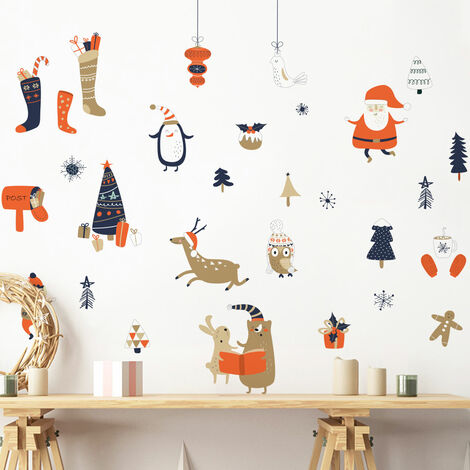 Stickers Noël père noël et ses animaux - Autocollants stickers adhésifs noël - décoration fêtes - 40x40cm (1/5)