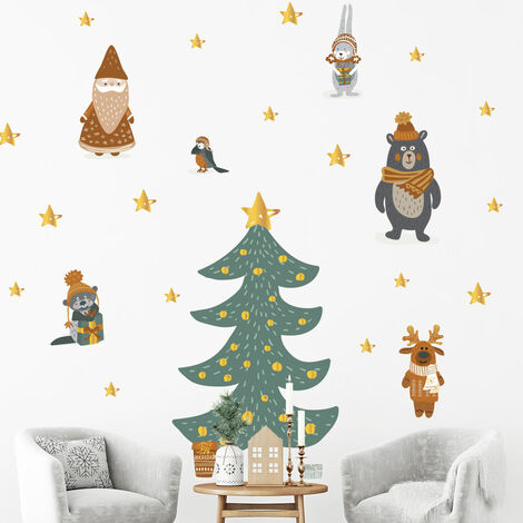 Stickers Noël scandinave au pied du sapin - Autocollants stickers adhésifs noël - décoration fêtes - 60x40cm (1/5)