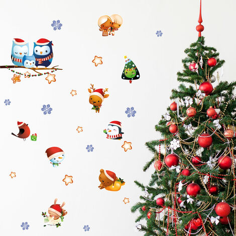 Sticker Noël famille hiboux et ses amis - Autocollants stickers adhésifs noël - décoration fêtes - 110x130cm (1/4)
