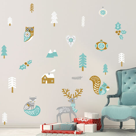 Stickers Noël cerf et renard scandinave - Autocollants stickers adhésifs noël - décoration fêtes - 30x35cm (1/5)