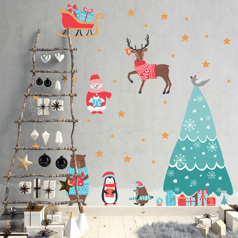 Stickers Noël animaux joyeux - Autocollants stickers adhésifs noël - décoration fêtes - 45x30cm (1/5)