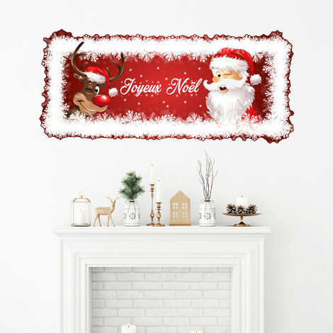 Sticker Noël Joyeux Noël renne et père Noël - Autocollants stickers adhésifs noël - décoration fêtes - 100x220cm (1/5)