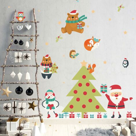 Sticker Noël le père noël et le sapin magique - Autocollants stickers adhésifs noël - décoration fêtes - 70x105cm (1/5)