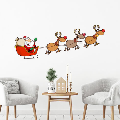 Sticker Noël Père Noël joyeux et ses rennes - Autocollants stickers adhésifs noël - décoration fêtes - 20x55cm (1/4)