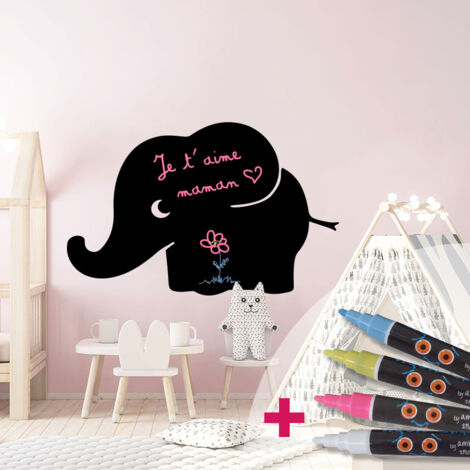 Sticker ardoise tableau noir - stickers muraux adhésif effaçable - BÉBÉ ÉLÉPHANT + 4 CRAIES LIQUIDES - 25x40cm (1/4)