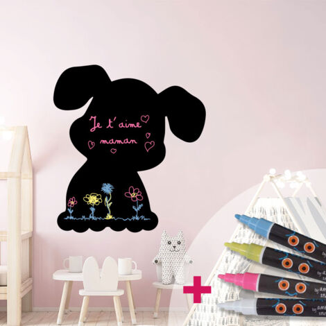 Sticker ardoise tableau noir - stickers muraux adhésif effaçable - CHIOT + 4 CRAIES LIQUIDES - 30x25cm (1/4)