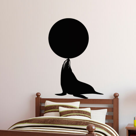 Sticker ardoise tableau noir - stickers muraux adhésif effaçable - PHOQUE AVEC UN BALLON - 80x55cm (1/3)