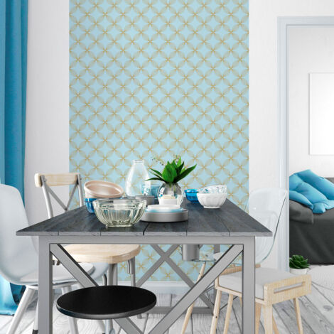 Papier peint intissé pré-encollé - RÉTRO ORNEMENTS AQUAMARINE ET JAUNE - 1 rouleau de 300x60cm (1/5)