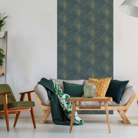Papier peint intissé pré-encollé - VERT GRIS FEUILLES GÉOMÉTRIQUES - 1 rouleau de 300x60cm (1/5)