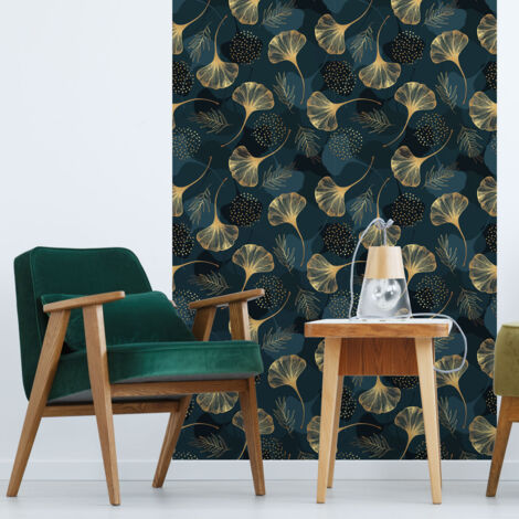 Papier peint intissé pré-encollé feuille de ginkgo bleu – 300x60cm – Rendu satiné – Éco-friendly sans PVC ni solvant (1/5)