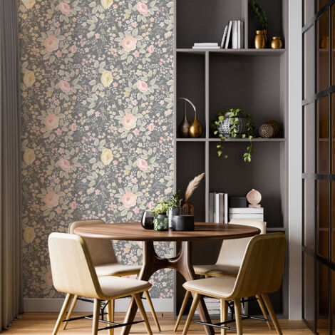 Papier peint intissé pré-encollé - FLEURS VINTAGE ROSES GRIS - 1 rouleau de 300x60cm (1/5)