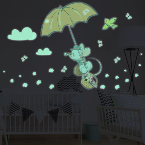 Sticker phosphorescent lumineux - SOURIS EN PARAPLUIE - Autocollant mural plafond enfant fluorescent - 50x30cm (1/5)