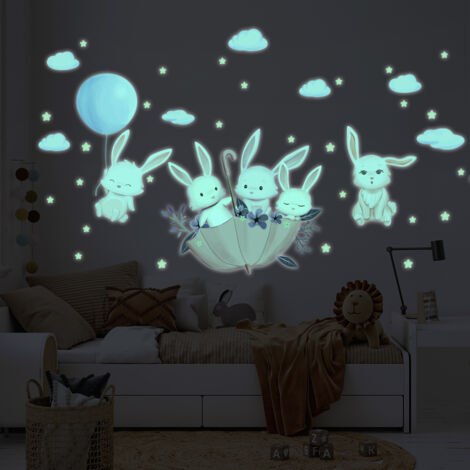 Sticker phosphorescent lumineux - LAPINS DANS LE CIEL - Autocollant mural plafond enfant fluorescent - 50x30cm (1/5)