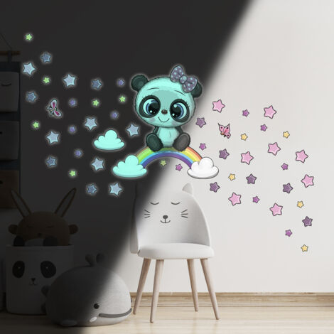 Sticker phosphorescent lumineux - PANDA SUR ARC-EN-CIEL - Autocollant mural plafond enfant fluorescent - 95x90cm (1/5)