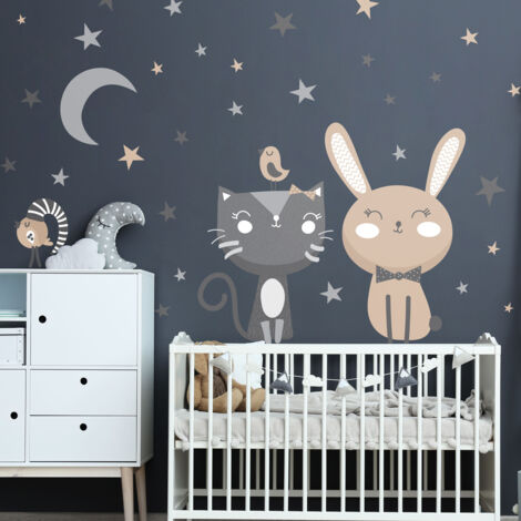 Stickers muraux Sticker Mural Autocollant - CHAT, LAPIN ET OISEAUX AU CLAIR DE LA LUNE - Stickers adhésifs - 145x110cm (1/5)