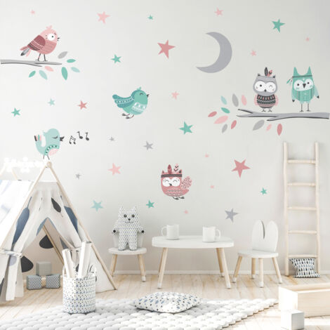 Stickers muraux Sticker Mural Autocollant - HIBOUX ET OISEAUX CHANTEURS - Stickers adhésifs - 80x60cm (1/5)