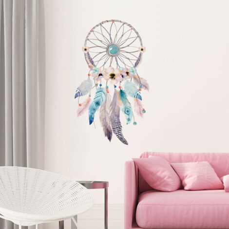 Stickers muraux Sticker Mural Autocollant - BOHÈME ATTRAPE RÊVES PLUMES FANTAISIE - adhésifs fond transparent - 50x30cm (1/4)