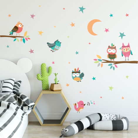 Stickers muraux Sticker Mural Autocollant - HIBOUX ET OISEAUX CHANTEURS DES BOIS - Stickers adhésifs - 95x70cm (1/5)