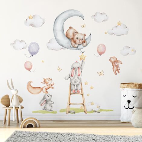 Stickers muraux Sticker Mural Autocollant - ANIMAUX LAPINS ET LEURS AMIS DE LA FORÊT AQUARELLE - Stickers adhésifs - 80x120cm (1/4)