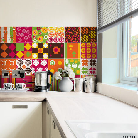 Sticker Mural Carrelage adhésif Cuisine Salle de Bain - 24 STICKERS CARRELAGES ETHNIQUE SAGAMIHARA - 24stickers10x10cm (1/4)