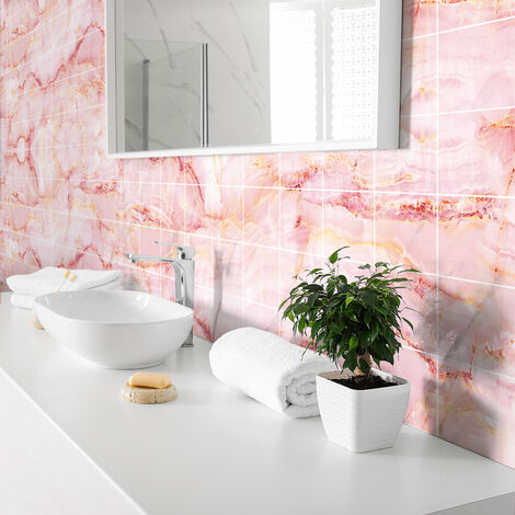Sticker Mural Carrelage adhésif Cuisine Salle de Bain - 60 STICKERS CARRELAGES MARBRE ROSE DE LAS TERRENAS - 60stickers15x15cm (1/4)