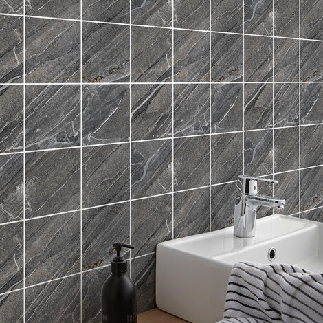 Sticker Mural Carrelage adhésif Cuisine Salle de Bain - 9 STICKERS CARREAUX DE CIMENT MABRE GRIS DE BORMLA - 9stickers10x10cm (1/4)