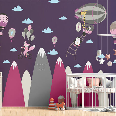 Stickers enfant montagnes scandinaves animaux heureux 40 x 60 cm (1/5)