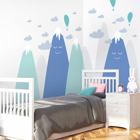 Grand Sticker Mural Paysage Montagnes Bleues – Tissu Repositionnable 240x200 Cm