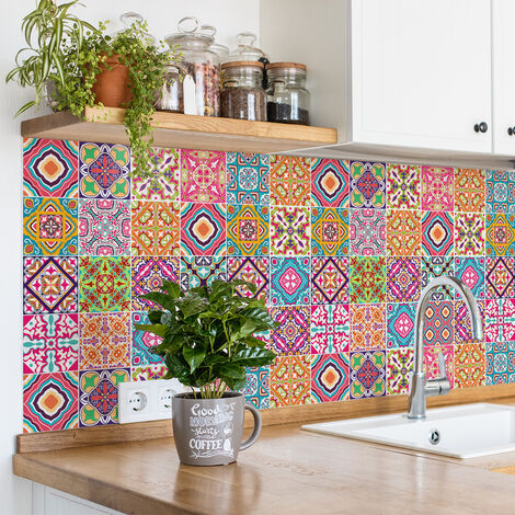 Sticker Mural Carrelage adhésif Cuisine Salle de Bain - 24 STICKERS CARREAUX DE CIMENT AZULEJOS ANABEL - 24stickers10x10cm (1/5)