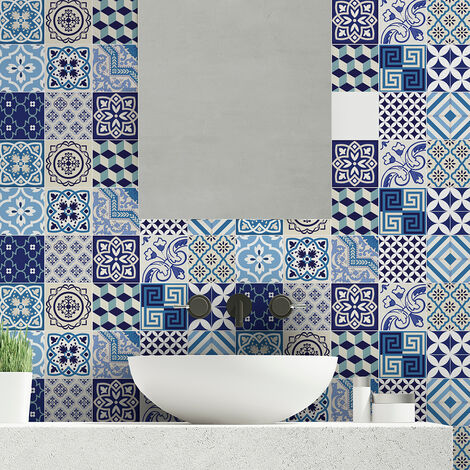 Sticker Mural Carrelage adhésif Cuisine Salle de Bain - 15 STICKERS CARRELAGES AZULEJOS VINTAGE BLEU D'AZURE - 15stickers10x10cm (1/5)